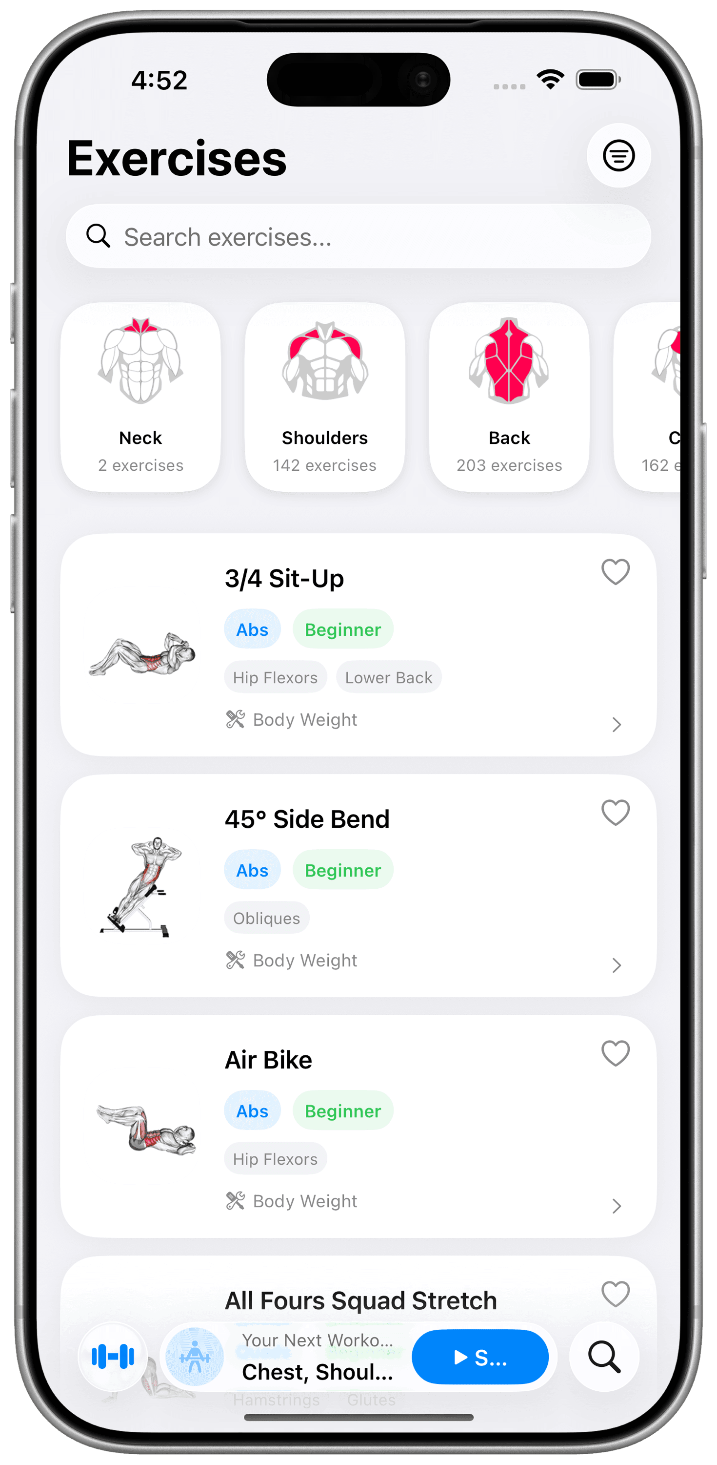 Exercises screen